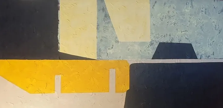 Astratto orizzontale in giallo, avorio e blu scuro