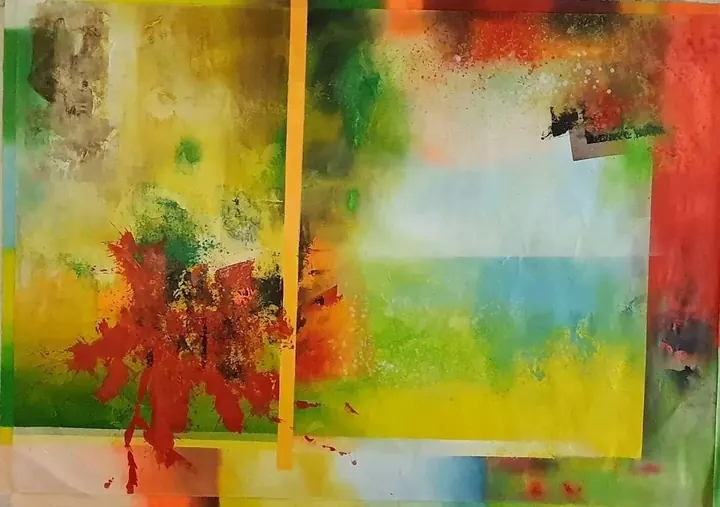 Astratto orizzontale in giallo, verde e rosso