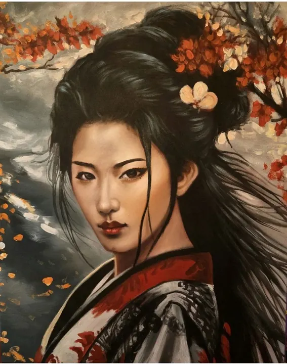 Ritratto di donna in kimono con foglie d’acero tra i capelli