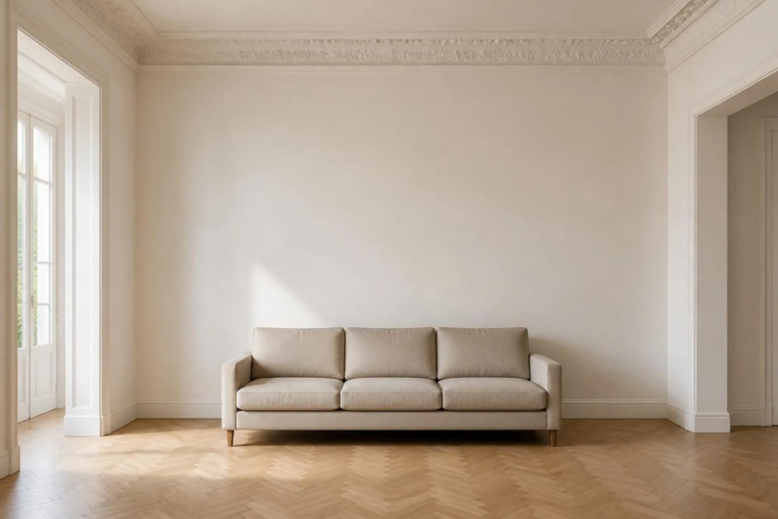 Soggiorno con una parete vuota e un divano beige