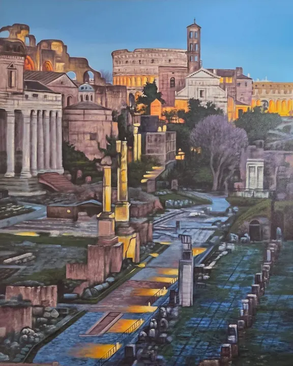 Veduta del Foro romano al tramonto, con il Colosseo sullo sfondo, dipinto su tela